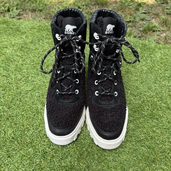 Sorel Brex Ankle Boots Womens Size 9 Lace Up Black Leather Fleece White Heel - Picture 2 of 9